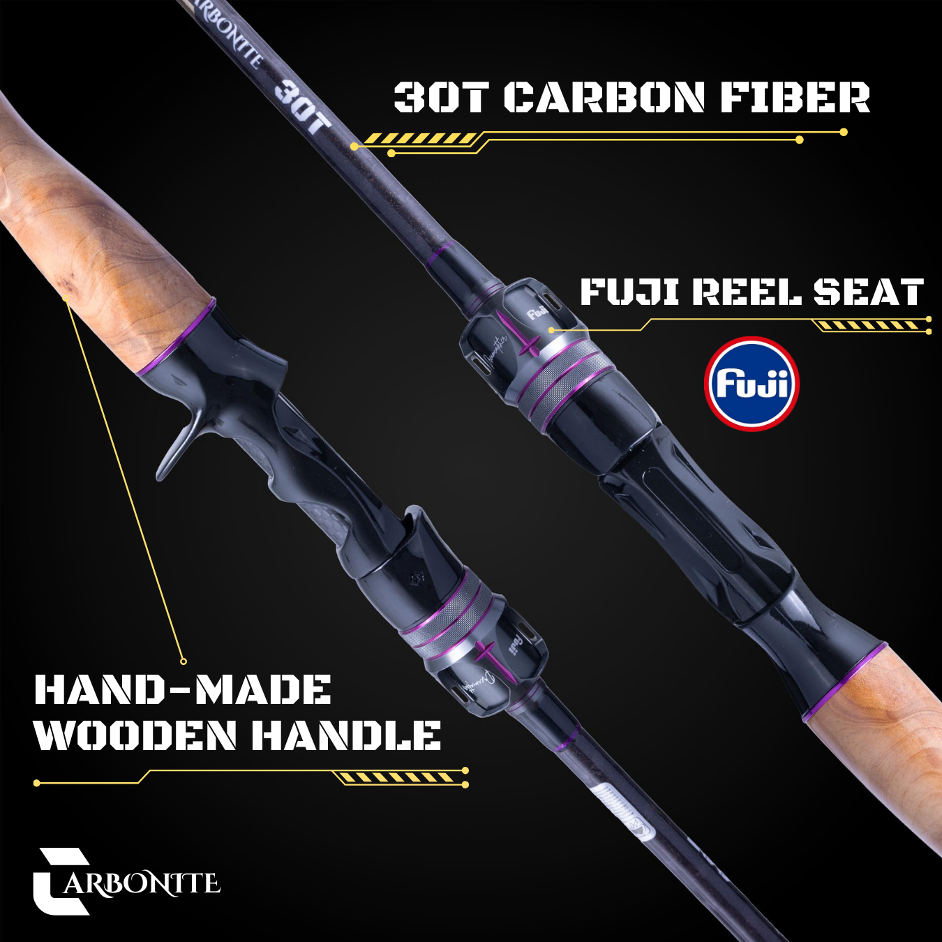 Close-up of CARBONITE casting rod showing Fuji reel seat, 30T carbon fiber blank, and hand-made wooden handle with studio-style lighting