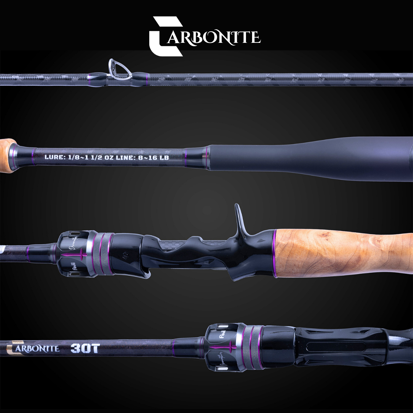 All parts of the Carbonite 2-piece travel baitcasting rod with 30T carbon fiber, Fuji guides, and wooden grip setup for bass fishing