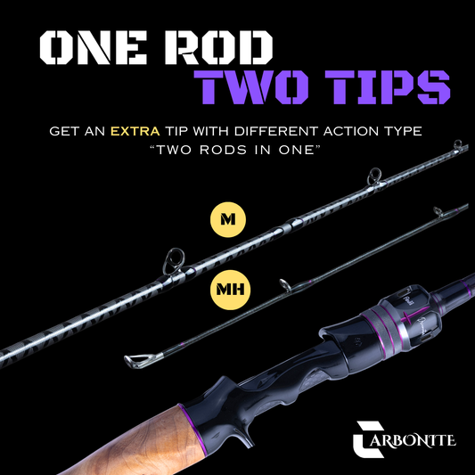 Carbonite baitcasting rod that comes with medium light, medium and medium-heavy tips, featuring 30T carbon fiber, Fuji components, and wooden grip – one rod two tips promotion