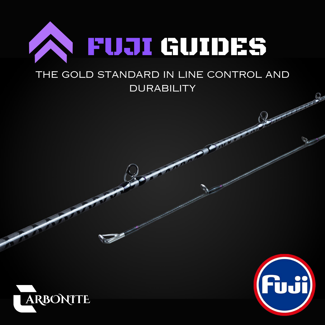 Carbonite baitcasting rod with premium Fuji guides on 30T carbon fiber blank, highlighting top-tier line control and durability on a black studio background