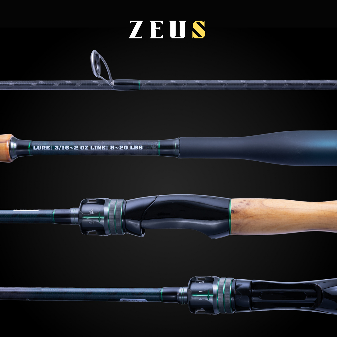 All parts of the ZEUS 2-piece travel spinning rod with 30T carbon fiber, Fuji guides, and wooden grip setup for bass fishing