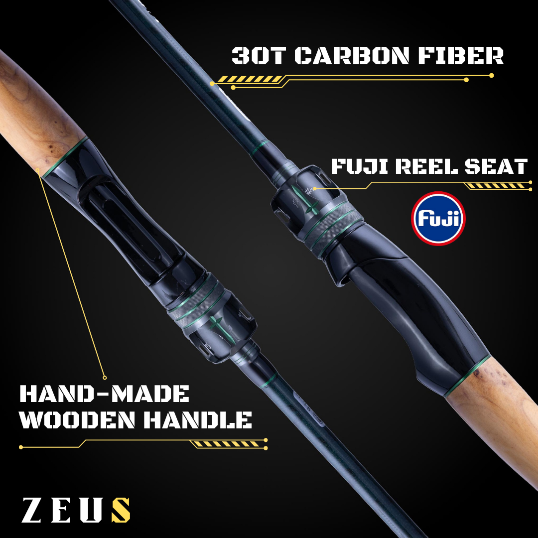 Close-up of ZEUS spinning rod showing Fuji reel seat, 30T carbon fiber blank, and hand-made wooden handle with studio-style lighting