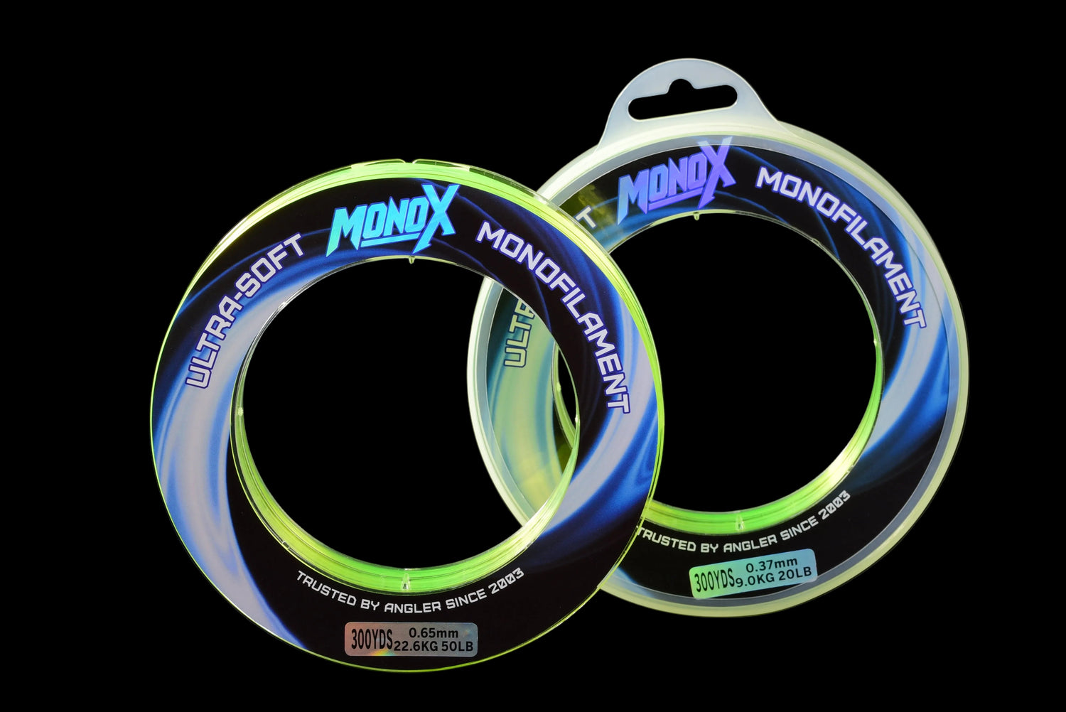 Two spools of Monox fishing line on a black background